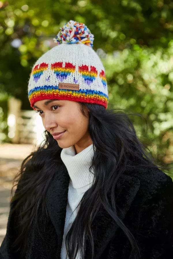 luscious scarves wool hat Pachamama Rainbow Heart Bobble Beanie Oatmeal, Handmade, Fairtrade