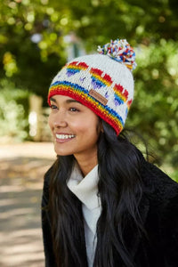 luscious scarves wool hat Pachamama Rainbow Heart Bobble Beanie Oatmeal, Handmade, Fairtrade