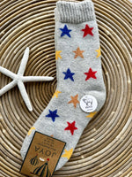 Load image into Gallery viewer, luscious scarves wool socks Joya Grey with Multi Coloured Stars Wool Blend Ladies  Socks WS516
