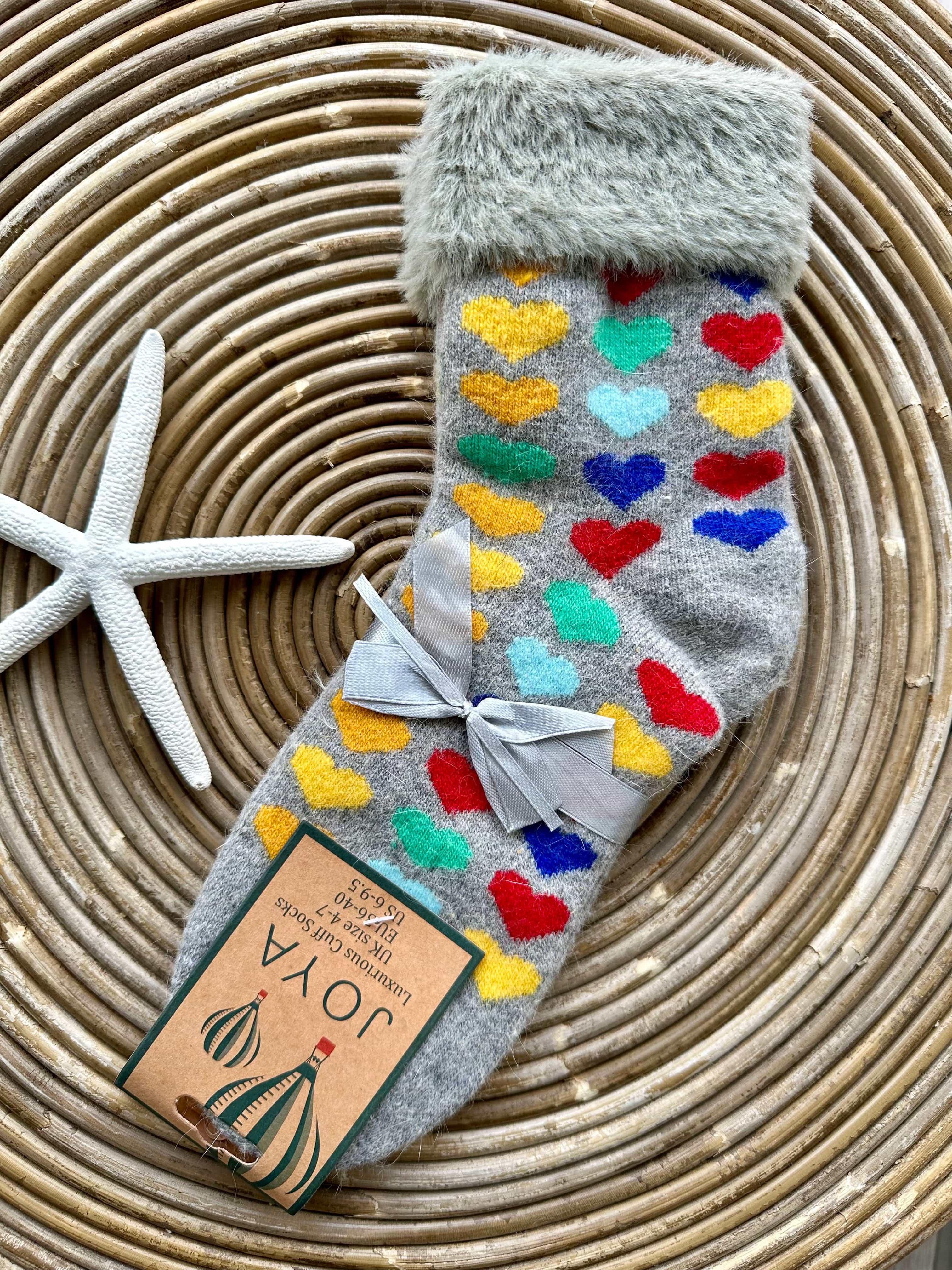 luscious scarves wool socks Joya Ladies Grey Wool Blend Cuff Socks with Multi Coloured Hearts. 4-7 WS407