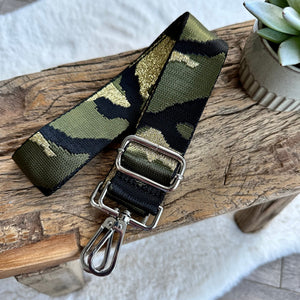 Camouflage Print Interchangeable Bag Strap | Sugarplum Boutique Khaki Silver Black