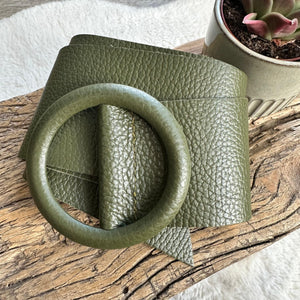 lusciousscarves Belts Khaki Green Ladies Leather Circle Buckle Belt