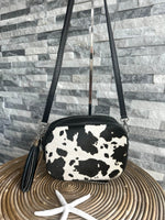Load image into Gallery viewer, lusciousscarves Black Italian Leather Cow Print Camera Bag , Crossbody.
