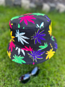 lusciousscarves Black Reversible Bucket Hat with Bright Coloured Hemp Leaf Design