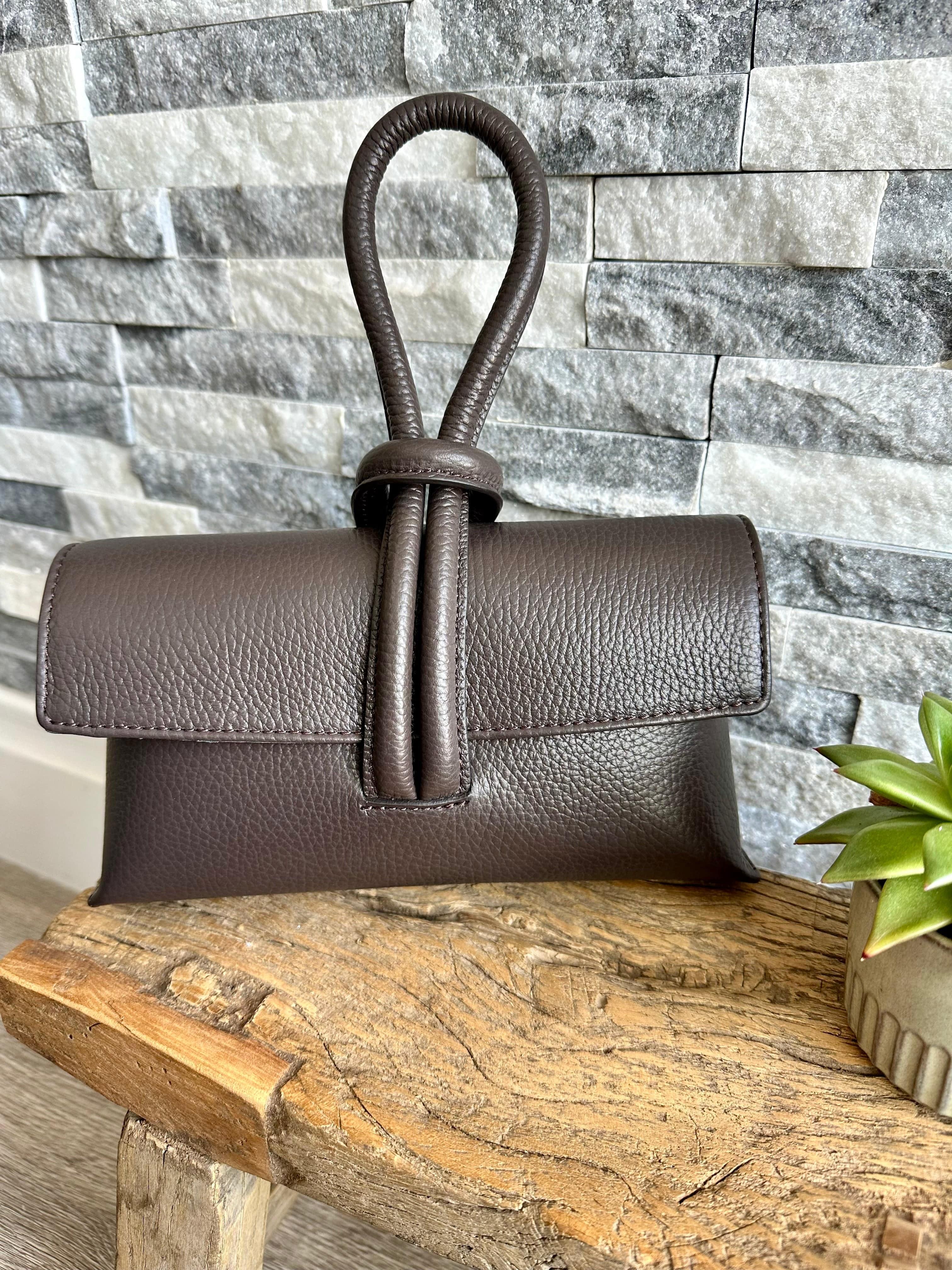 lusciousscarves Brown Italian Leather Clutch Bag , Evening Bag with Loop Handle, Available in 30 Colours