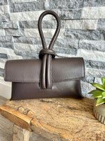 Load image into Gallery viewer, lusciousscarves Brown Italian Leather Clutch Bag , Evening Bag with Loop Handle, Available in 30 Colours
