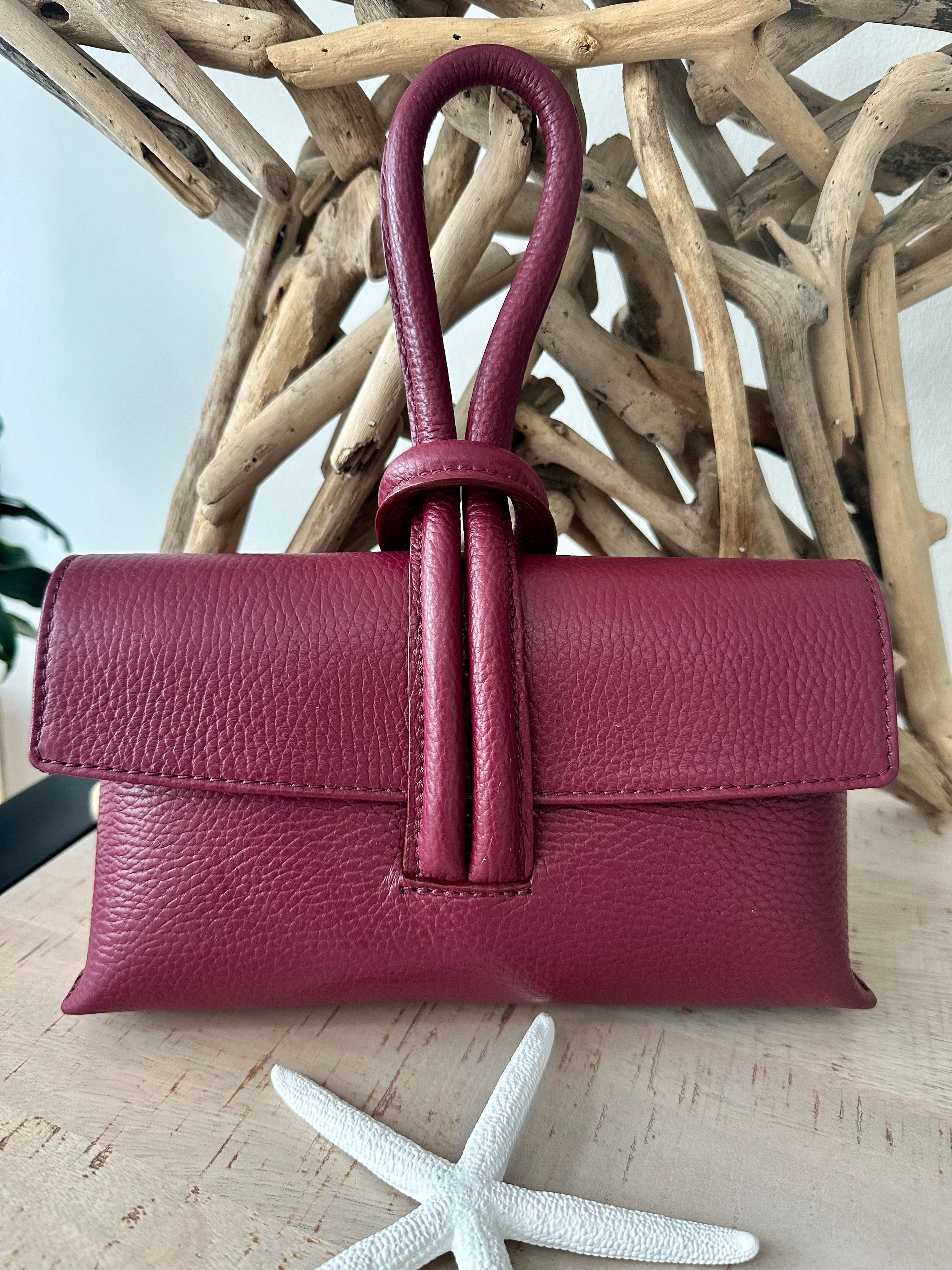 lusciousscarves Burgundy Italian Leather Clutch Bag , Evening Bag with Loop Handle, Available in 30 Colours