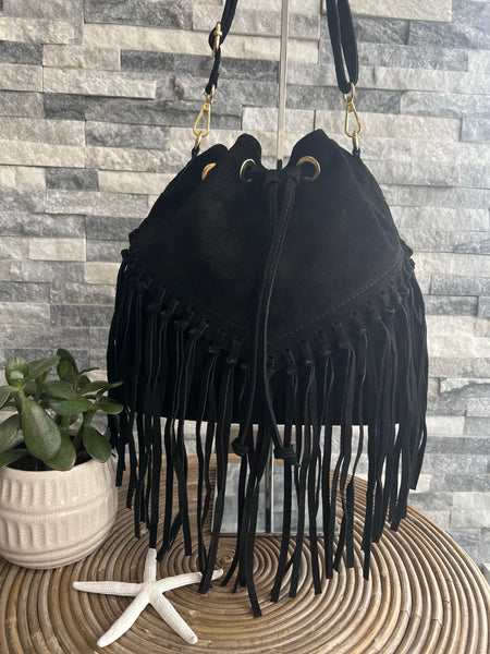 Black Leather suede fringed tassels bucket bag / handbag – luscious scarves