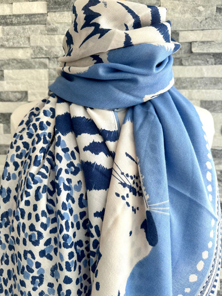 Electric Blue Woven Leopard Print Scarf w/ Pompoms - Labelle Since