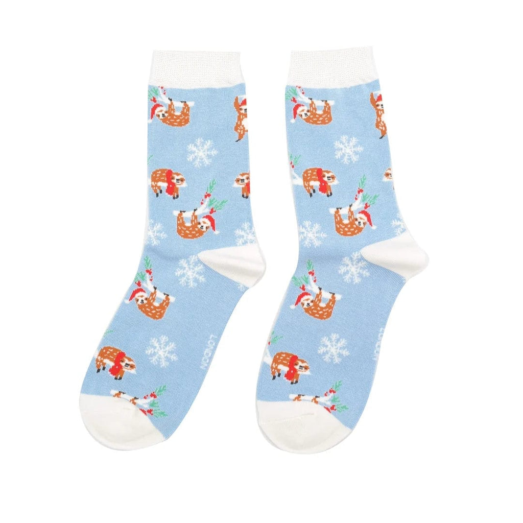 lusciousscarves Ladies Christmas Sloths Design Bamboo Socks - Blue