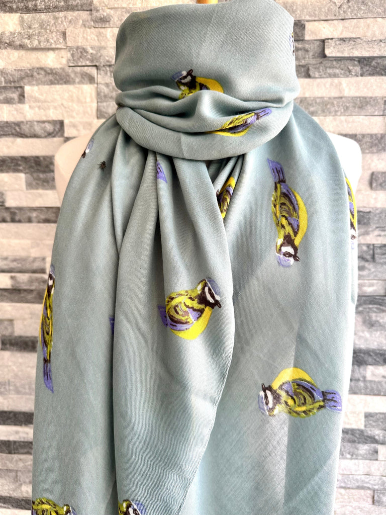 Ladies Large Duck Egg Scarf With Blue Tits Design Lusciousscarves