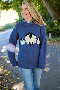 lusciousscarves Medium Pachamama Womens Big Sheep Sweater Jumper, Blue, Hand Knitted, Fair Trade