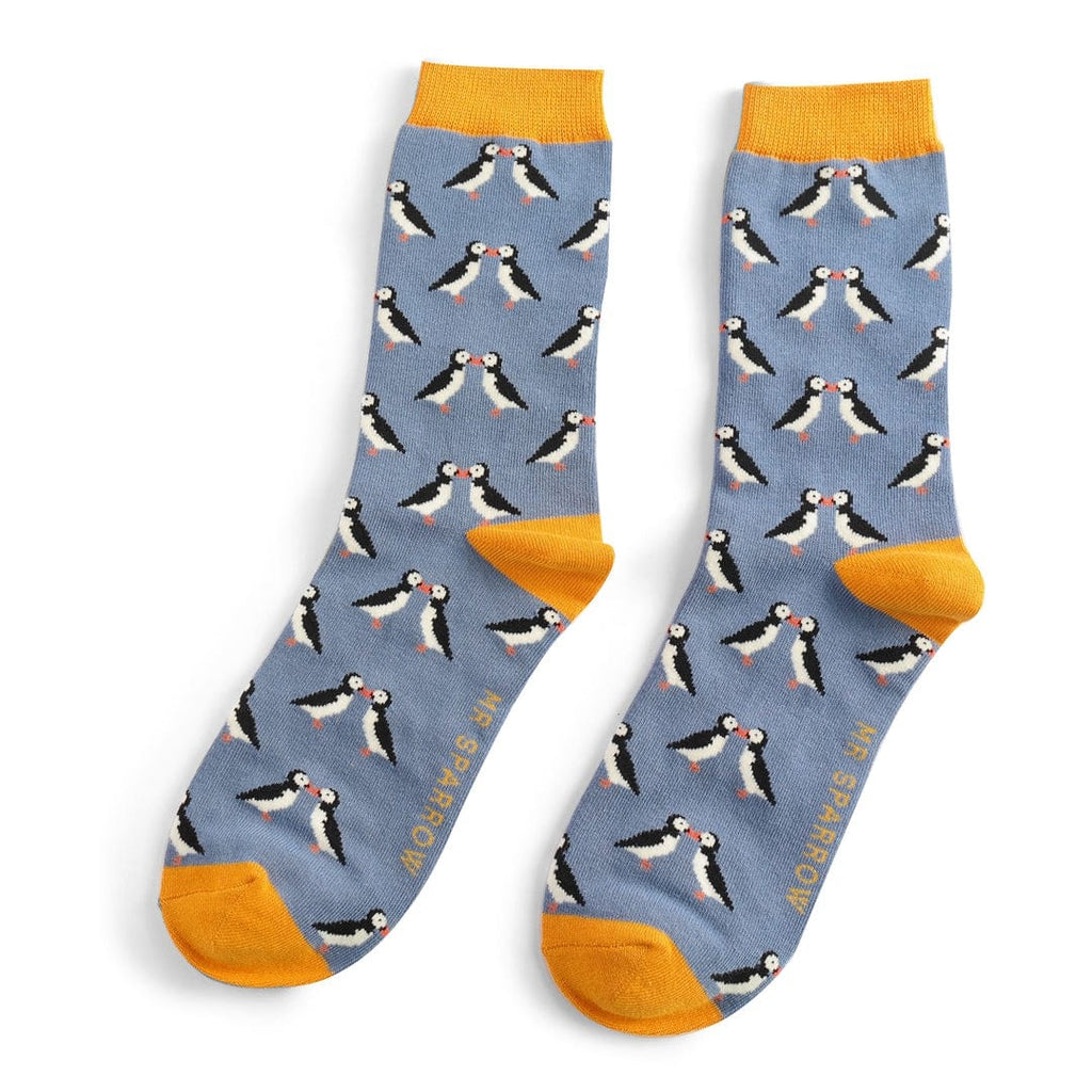 lusciousscarves Men's Bamboo Socks , Mr Sparrow Kissing Puffins , Denim Blue