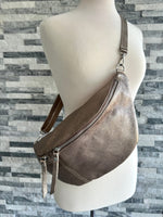 Load image into Gallery viewer, lusciousscarves Metallic Bronze Italian Leather Sling Bag / Chest Bag
