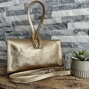 Gold Clutch Bag, Leather Clutch With Wrist Strap and Zipper
