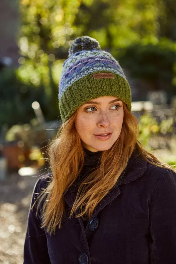 lusciousscarves Pachamama Classic Fair Isle (previously named Finisterre ) Roll  Back Bobble Beanie , Womens Handknitted Olive Green .