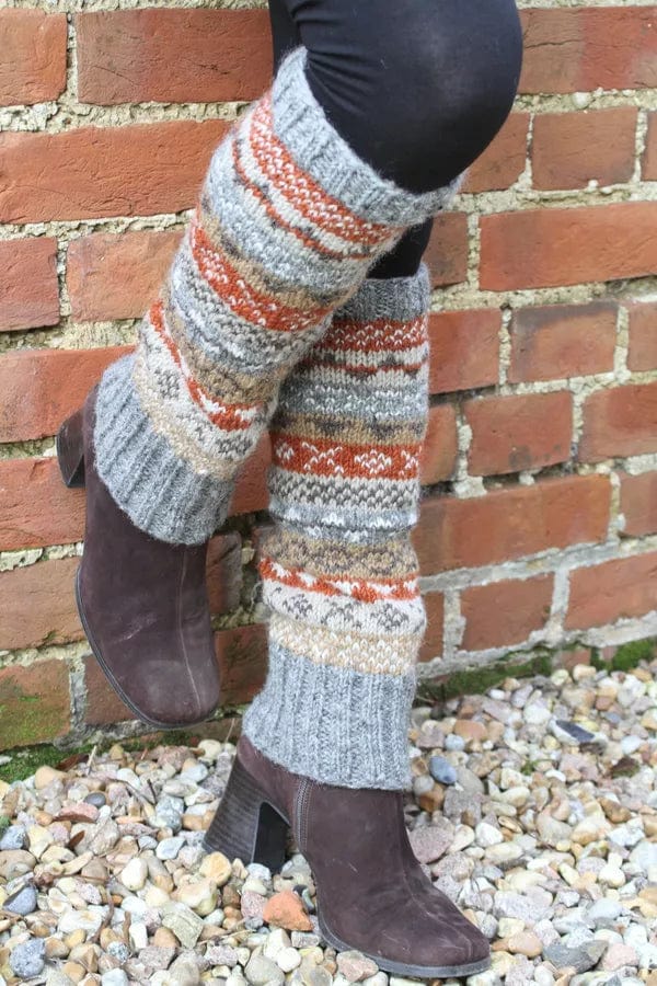 Woolen leg warmers hand-woven Fair Isle pattern Grey multi-color
