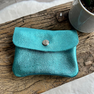 Small Metallic Italian Leather Coin Purse with Popper