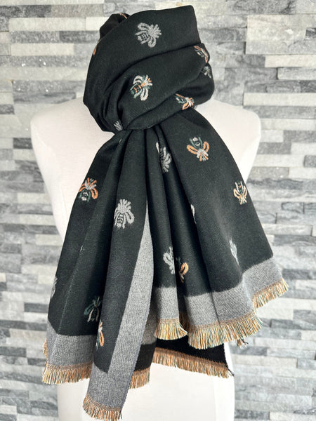 Black and Grey Reversible Bee Scarf. – lusciousscarves