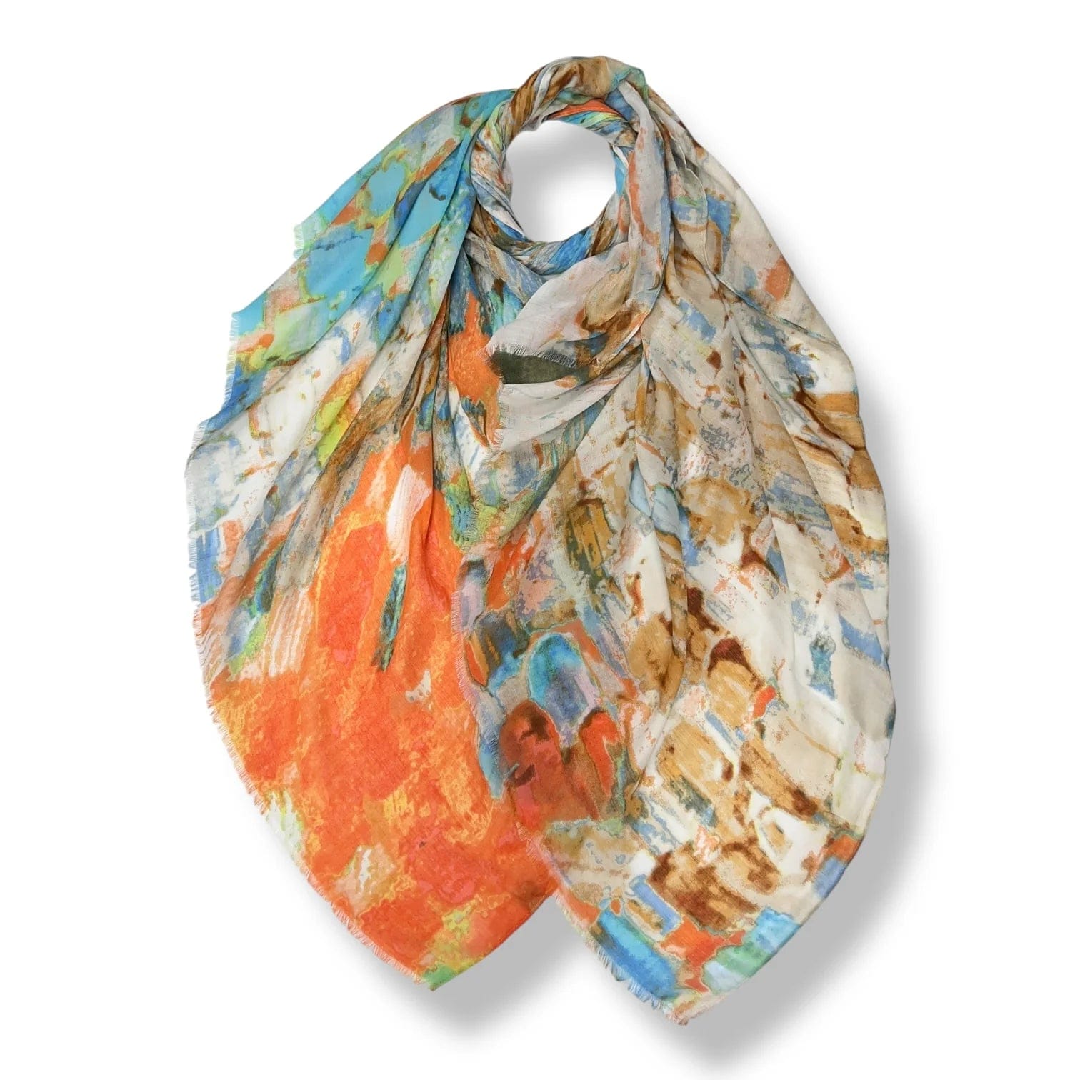 lusciousscarves Scarves Turquoise, Orange and Beige Water Colored Patches Print Scarf