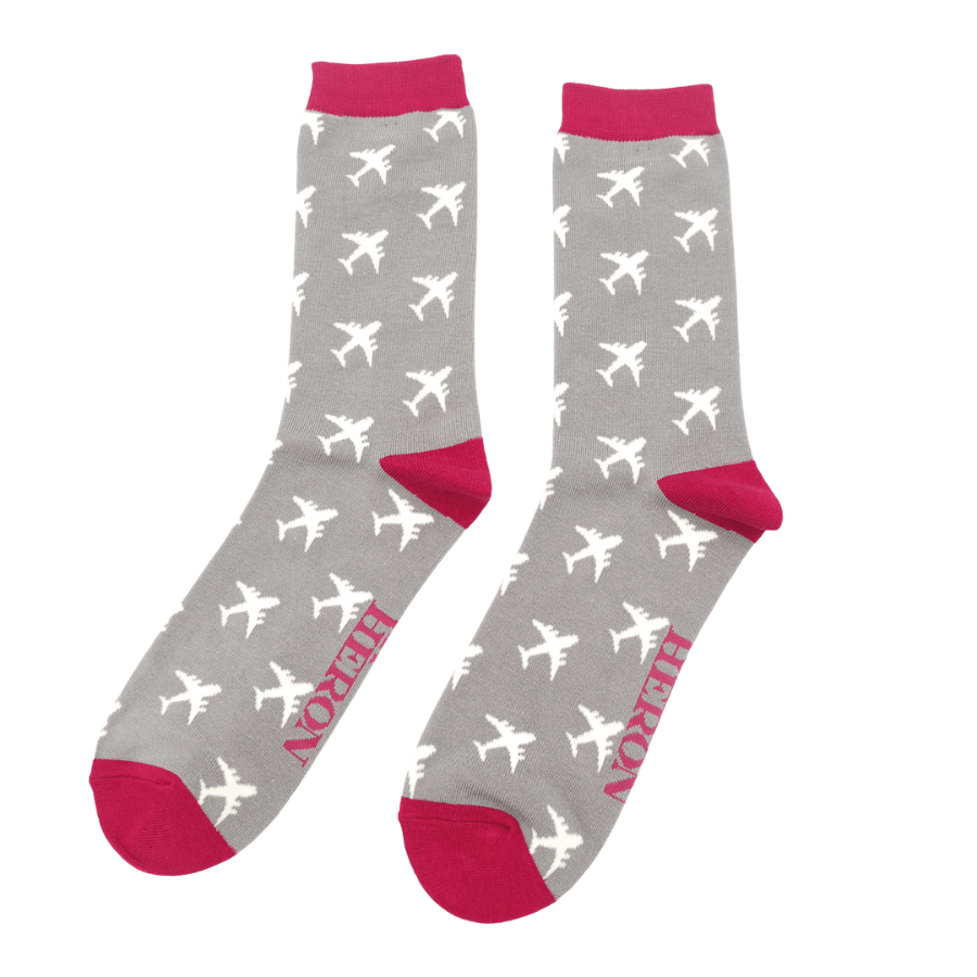 lusciousscarves Socks Mr Heron Bamboo Socks, Aeroplanes Design , Grey and Maroon,