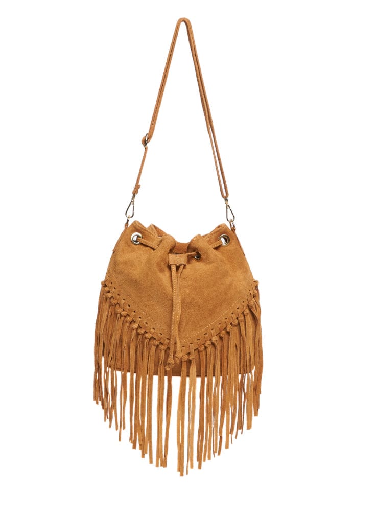 Tan Brown Leather suede fringed tassels bucket bag / handbag – luscious ...