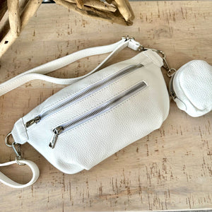 lusciousscarves White Italian Leather Medium Size Sling Bag with Clip On Zip Purse, 7 Colours available.