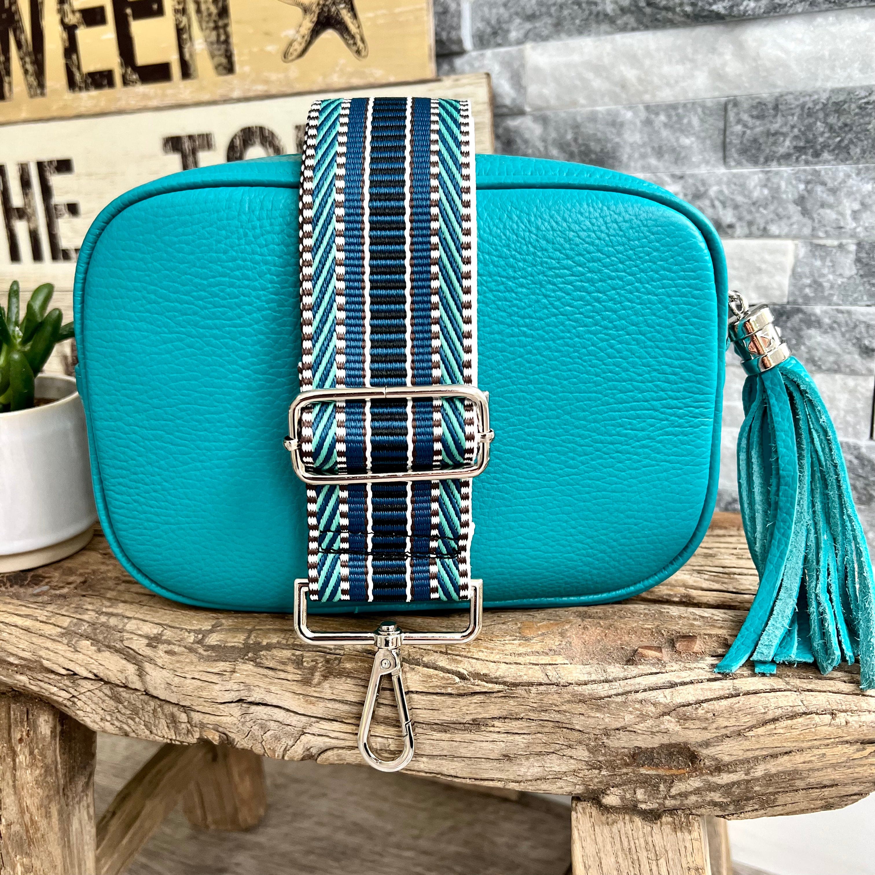 Turquoise Italian leather camera style crossbody bag with wide strap c –  lusciousscarves
